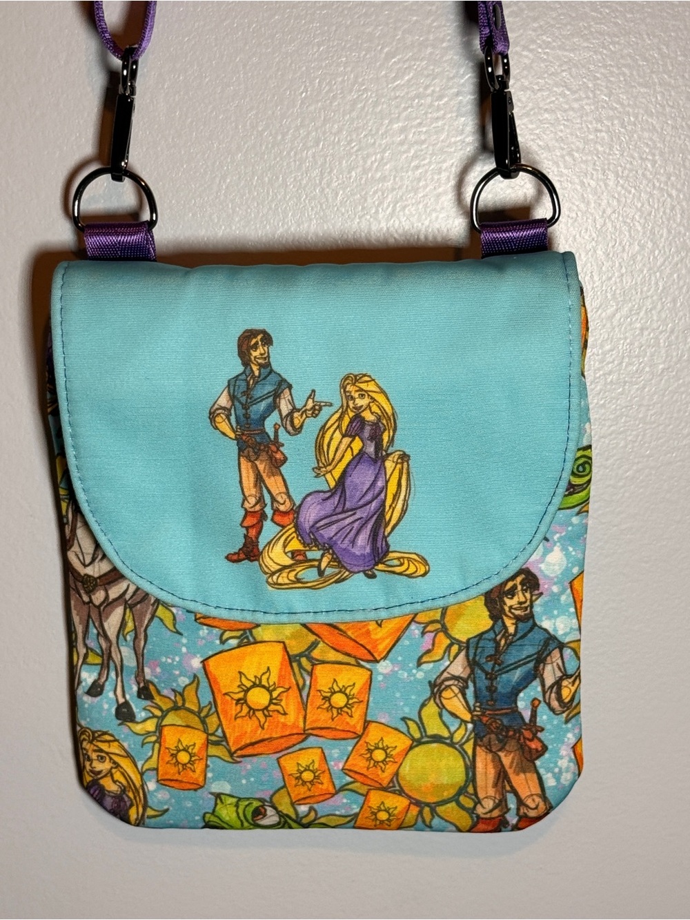 Crossbody Bag with Rapunzel Illustration - Turquoise & Purple